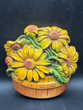 1968 Miller Studio Vintage Mid Century Chalkware Flower Basket Wall Plaque Decor